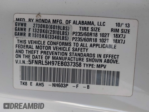 2014 Honda Odyssey Touring with VIN 5FNRL5H97EB037358, listed as a IAAI auction lot 41832825 with 208,894 mi miles and . Bid and sale history available at DreamBid. Image 9.