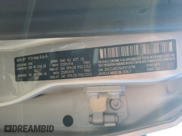 2016 Jeep Renegade Limited with VIN ZACCJADT6GPD12736, listed as a Copart auction lot 46656045 with 179,248 mi miles and Salvage Title. Bid and sale history available at DreamBid. Image 12.