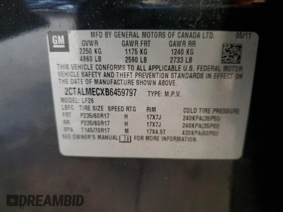 2011 GMC Terrain SLE-1 with VIN 2CTALMECXB6459797, listed as a Copart auction lot 60887145 with 131,843 mi miles and Salvage title. Bid and sale history available at DreamBid. Image 14.