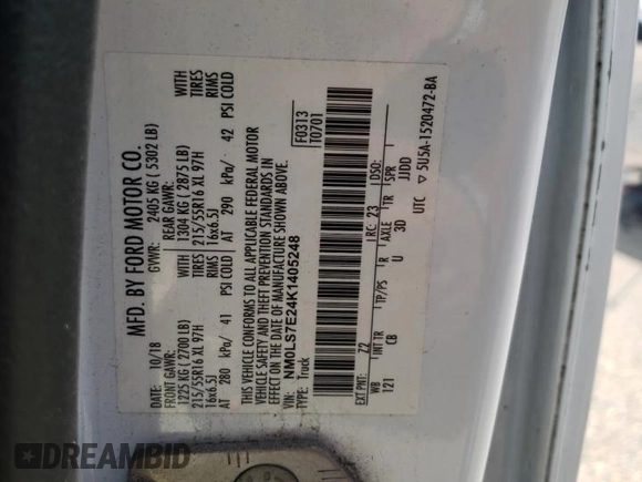 2019 Ford Transit Connect XL with VIN NM0LS7E24K1405248, listed as a Copart auction lot 56296995 with Not provided miles and Salvage title. Bid and sale history available at DreamBid. Image 12.