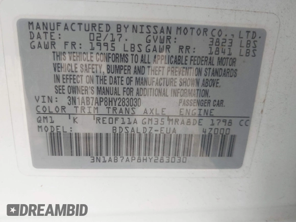2017 Nissan Sentra SV with VIN 3N1AB7AP8HY283030, listed as a IAAI auction lot 42167433 with 118,256 mi miles and . Bid and sale history available at DreamBid. Image 9.