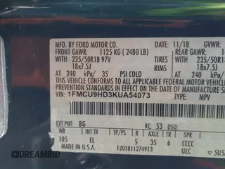 2019 Ford Escape SEL with VIN 1FMCU9HD3KUA54073, listed as a IAAI auction lot 41917955 with 101,283 mi miles. Bid and sale history available at carsss.com. Image 9.