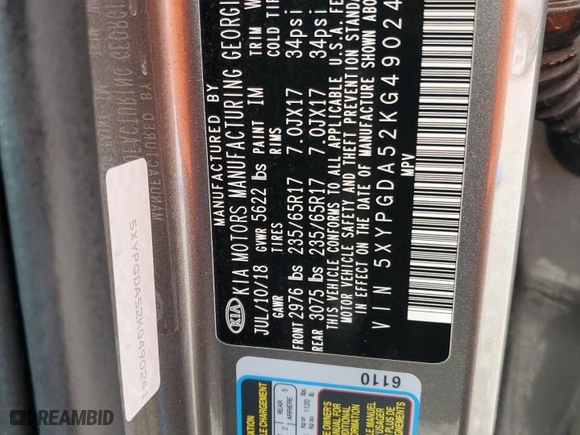 2019 Kia Sorento LX V6 with VIN 5XYPGDA52KG490241, listed as a Copart auction lot 51095295 with 87,620 mi miles and Salvage Title. Bid and sale history available at carsss.com. Image 12.