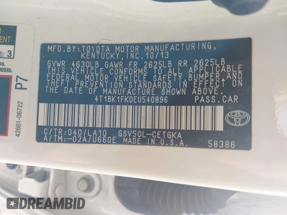 2014 Toyota Camry SE with VIN 4T1BK1FK0EU540896, listed as a IAAI auction lot 41611303 with 108,016 mi miles. Bid and sale history available at carsss.com. Image 9.