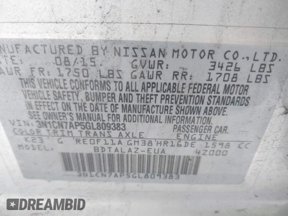 2016 Nissan Versa SV with VIN 3N1CN7AP5GL809383, listed as a IAAI auction lot 41330303 with 101,375 mi miles. Bid and sale history available at carsss.com. Image 9.