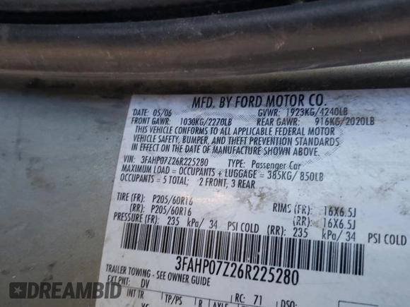 2006 Ford Fusion SE with VIN 3FAHP07Z26R225280, listed as a Copart auction lot 45645994 with Not Provided miles and Salvage Title. Bid and sale history available at DreamBid. Image 15.