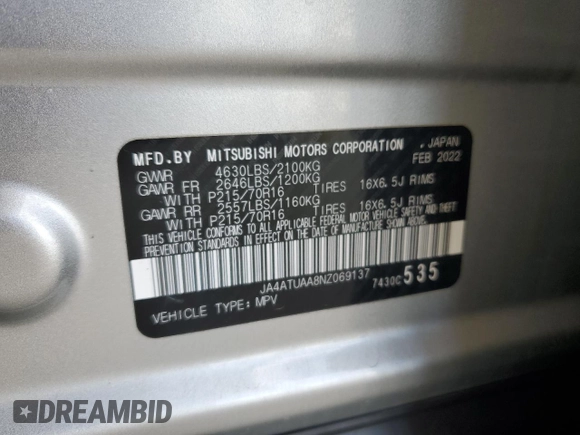 2022 Mitsubishi Eclipse Cross ES with VIN JA4ATUAA8NZ069137, listed as a Copart auction lot 58232065 with 68,511 mi miles and Salvage title. Bid and sale history available at DreamBid. Image 13.
