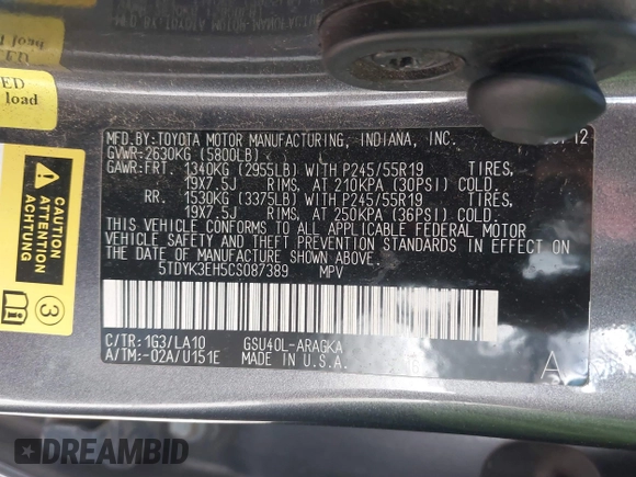 2012 Toyota Highlander Limited with VIN 5TDYK3EH5CS087389, listed as a IAAI auction lot 42104535 with 182,372 mi miles and . Bid and sale history available at DreamBid. Image 9.