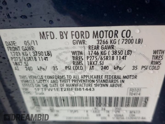 2011 Ford F-150 XLT with VIN 1FTFW1ET2BFB81443, listed as a Copart auction lot 46299165 with 250,287 mi miles and Salvage Title. Bid and sale history available at carsss.com. Image 14.