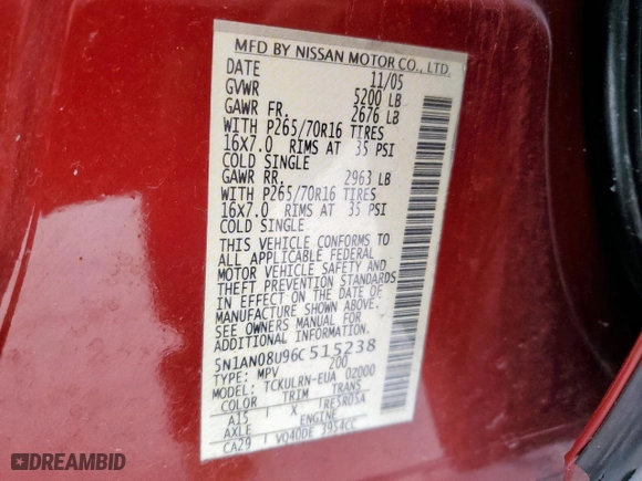 2006 Nissan Xterra SE with VIN 5N1AN08U96C515238, listed as a Copart auction lot 45710375 with 210,535 mi miles and Salvage Title. Bid and sale history available at carsss.com. Image 13.