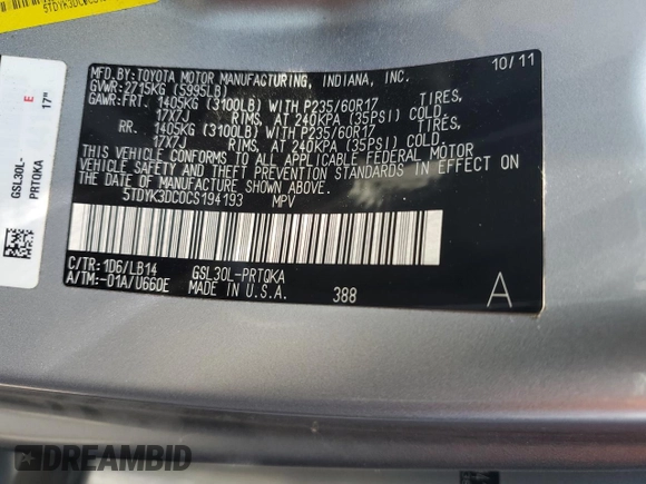 2012 Toyota Sienna XLE AAS with VIN 5TDYK3DC0CS194193, listed as a Copart auction lot 60265455 with 139,246 mi miles and Salvage title. Bid and sale history available at DreamBid. Image 13.