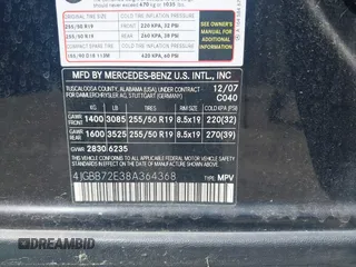 2008 Mercedes-Benz M 550 с VIN 4JGBB72E38A364368, выставлен на аукционе IAAI как лот 42556762 с пробегом 151 384 миль миль и . История ставок и продаж доступна на DreamBid. Изображение 9.