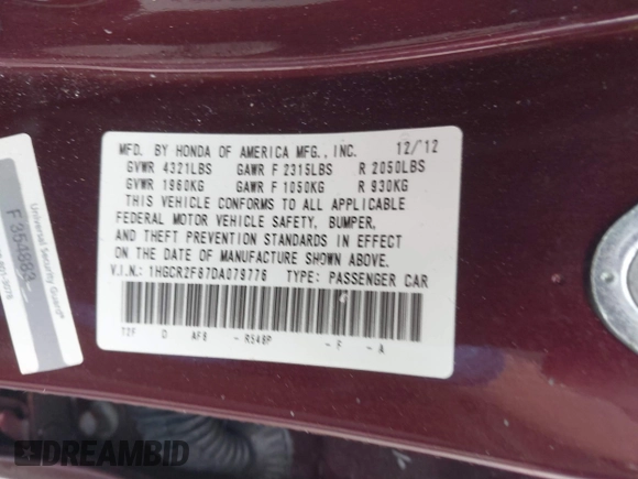 2013 Honda Accord Sdn EX-L with VIN 1HGCR2F87DA079776, listed as a IAAI auction lot 41666417 with 73,149 mi miles. Bid and sale history available at carsss.com. Image 9.