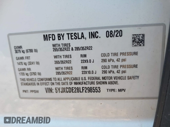 2020 Tesla Model X Long Range with VIN 5YJXCDE28LF298553, listed as a IAAI auction lot 40863184 with 54,031 mi miles and . Bid and sale history available at DreamBid. Image 9.