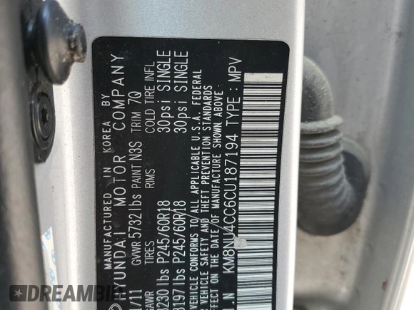 2012 Hyundai Veracruz Limited with VIN KM8NU4CC6CU187194, listed as a Copart auction lot 59819115 with 192,262 mi miles and Clean title. Bid and sale history available at DreamBid. Image 12.