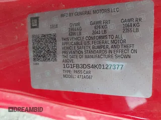 2019 Chevrolet Camaro 1LT with VIN 1G1FB3DS4K0127377, listed as a IAAI auction lot 42091231 with 122,599 mi miles. Bid and sale history available at carsss.com. Image 9.