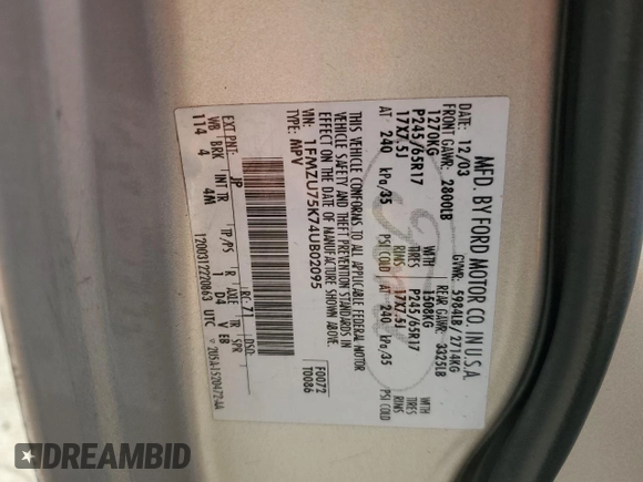 2004 Ford Explorer Limited with VIN 1FMZU75K74UB02095, listed as a Copart auction lot 85087884 with 300,893 mi miles and Salvage title. Bid and sale history available at DreamBid. Image 15.