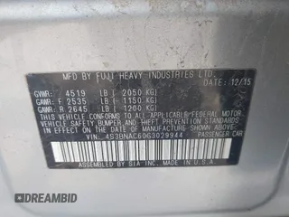 2016 Subaru Legacy Premium with VIN 4S3BNAC60G3029944, listed as a IAAI auction lot 42413115 with 101,293 mi miles and . Bid and sale history available at DreamBid. Image 9.