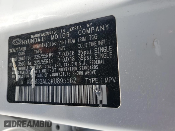 2019 Hyundai Tucson SEL with VIN KM8J33AL3KU895562, listed as a Copart auction lot 51984095 with Not provided miles and Salvage title. Bid and sale history available at DreamBid. Image 13.