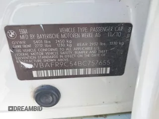 2011 BMW 5 Series 550i with VIN WBAFR9C54BC757655, listed as a IAAI auction lot 42855289 with 150,848 mi miles and . Bid and sale history available at DreamBid. Image 9.