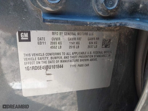 2011 Chevrolet Volt with VIN 1G1RD6E49BU101844, listed as a IAAI auction lot 41333980 with 152,276 mi miles. Bid and sale history available at carsss.com. Image 9.