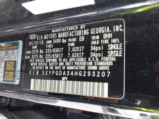 2017 Kia Sorento LX with VIN 5XYPGDA34HG293207, listed as a IAAI auction lot 42108117 with 187,998 mi miles and . Bid and sale history available at DreamBid. Image 9.