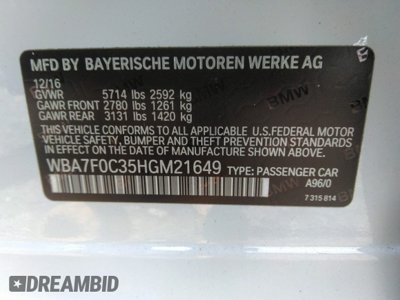 2017 BMW 7 Series 750i with VIN WBA7F0C35HGM21649, listed as a IAAI auction lot 37362691 with 10,000 mi miles and . Bid and sale history available at DreamBid. Image 9.