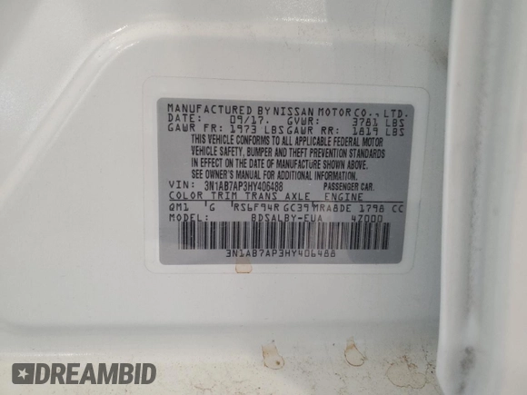 2017 Nissan Sentra SR with VIN 3N1AB7AP3HY406488, listed as a Copart auction lot 61795915 with 126,719 mi miles and Salvage title. Bid and sale history available at DreamBid. Image 12.