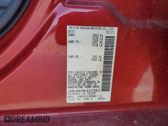 2023 Nissan Altima 2.5 SV with VIN 1N4BL4DV7PN357062, listed as a Copart auction lot 51813995 with 65,075 mi miles and Salvage Title. Bid and sale history available at carsss.com. Image 12.