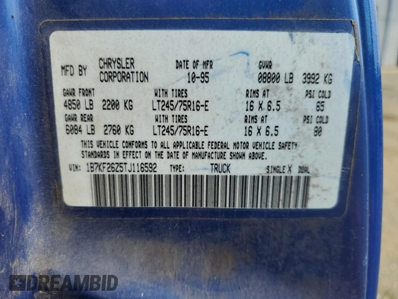 1996 Dodge 2500 with VIN 1B7KF26Z5TJ116592, listed as a Copart auction lot 61669014 with 178,635 mi miles and Salvage Title. Bid and sale history available at DreamBid. Image 12.
