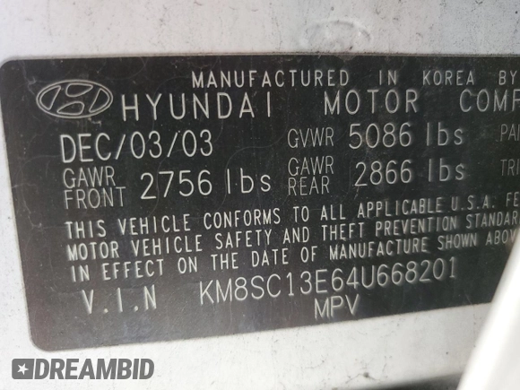 2004 Hyundai Santa Fe GLS with VIN KM8SC13E64U668201, listed as a Copart auction lot 87076394 with 107,853 mi miles and Salvage Title. Bid and sale history available at carsss.com. Image 12.