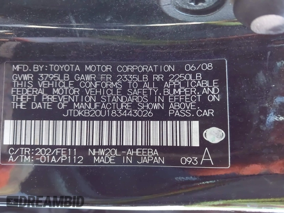 2008 Toyota Prius with VIN JTDKB20U183443026, listed as a IAAI auction lot 41760476 with 287,610 mi miles. Bid and sale history available at carsss.com. Image 9.