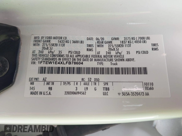 2020 Ford F-150 XL with VIN 1FTEW1E4XLFB78604, listed as a IAAI auction lot 41570566 with 93,366 mi miles and . Bid and sale history available at DreamBid. Image 9.