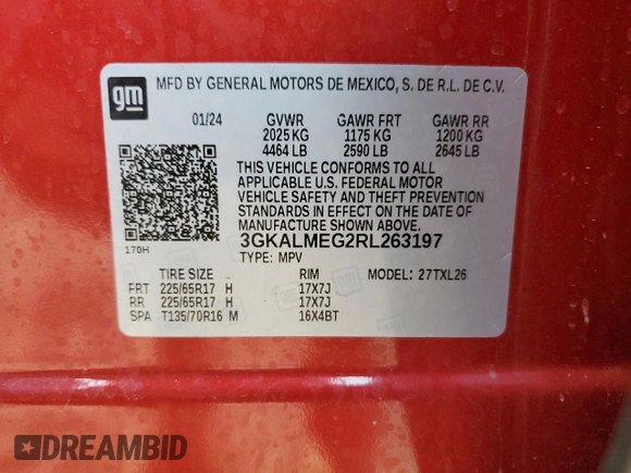 2024 GMC Terrain SLE with VIN 3GKALMEG2RL263197, listed as a Copart auction lot 52462895 with 29,070 mi miles and Salvage title. Bid and sale history available at DreamBid. Image 14.