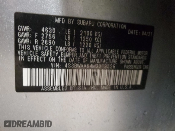 2021 Subaru Legacy with VIN 4S3BWAA64M3019526, listed as a Copart auction lot 85208844 with 36,920 mi miles and Salvage title. Bid and sale history available at DreamBid. Image 13.