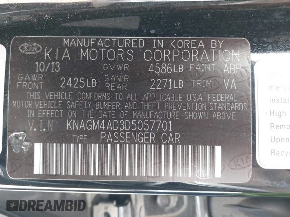 2013 Kia Optima Hybrid EX with VIN KNAGM4AD3D5057701, listed as a IAAI auction lot 42111647 with 160,426 mi miles. Bid and sale history available at carsss.com. Image 9.