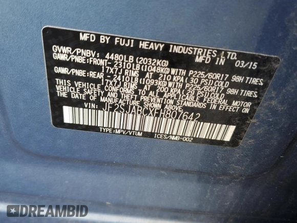 2015 Subaru Forester 2.5i with VIN JF2SJABCXFH807642, listed as a Copart auction lot 62260485 with 153,689 mi miles and Salvage title. Bid and sale history available at DreamBid. Image 12.