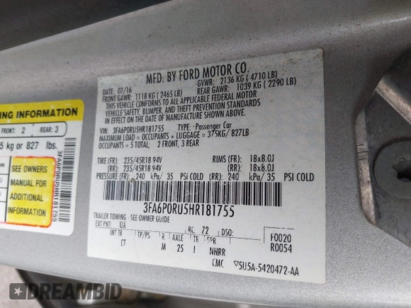 2017 Ford Fusion Hybrid Titanium с VIN 3FA6P0RU5HR181755, выставлен на аукционе IAAI как лот 42704832 с пробегом 152 688 миль миль и . История ставок и продаж доступна на DreamBid. Изображение 9.