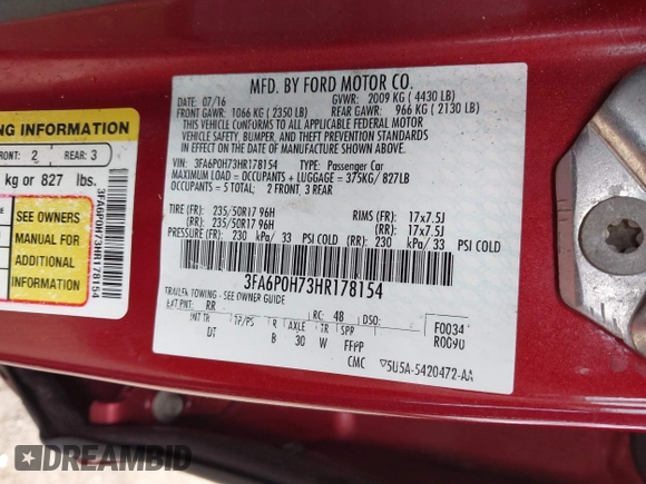 2017 Ford Fusion SE with VIN 3FA6P0H73HR178154, listed as a IAAI auction lot 42105268 with 220,919 mi miles and . Bid and sale history available at DreamBid. Image 9.