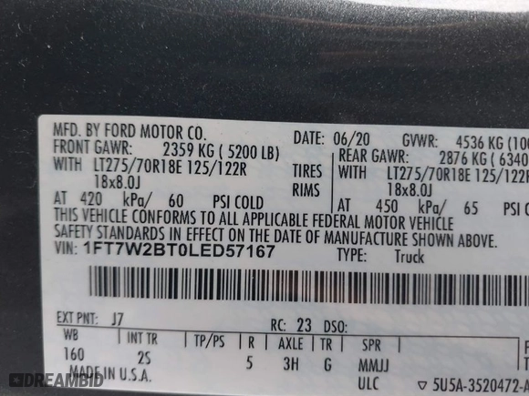 2020 Ford Super Duty F-250 SRW XL with VIN 1FT7W2BT0LED57167, listed as a IAAI auction lot 41233813 with 62,407 mi miles. Bid and sale history available at carsss.com. Image 9.