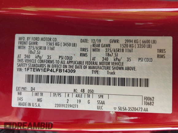 2020 Ford F-150 XL with VIN 1FTEW1EP4LFB14309, listed as a IAAI auction lot 42248456 with 73,051 mi miles and . Bid and sale history available at DreamBid. Image 9.