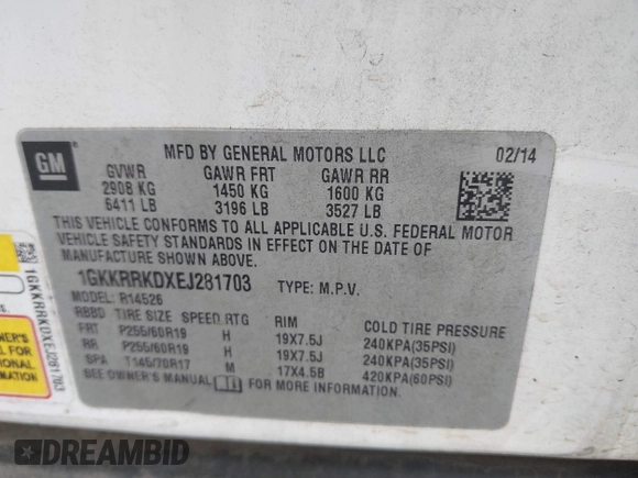 2014 GMC Acadia SLT with VIN 1GKKRRKDXEJ281703, listed as a IAAI auction lot 41945533 with 1 mi miles. Bid and sale history available at carsss.com. Image 9.