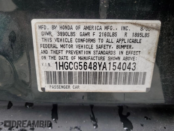 2000 Honda Accord LX z VIN 1HGCG5648YA154043, wystawiony jako Copart lot #51854515 z przebiegiem 176 150 mil mil oraz Szkoda całkowita • Salvage title. Historia ofert i sprzedaży dostępna na DreamBid. Obrazek 12.