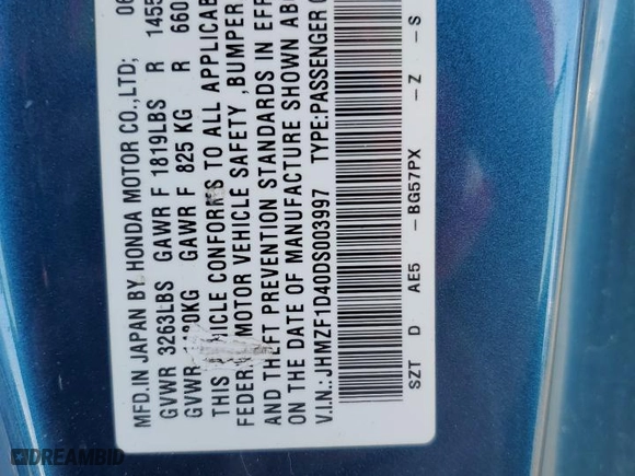 2013 Honda CR-Z with VIN JHMZF1D40DS003997, listed as a Copart auction lot 72840494 with 179,693 mi miles and Salvage Title. Bid and sale history available at carsss.com. Image 12.