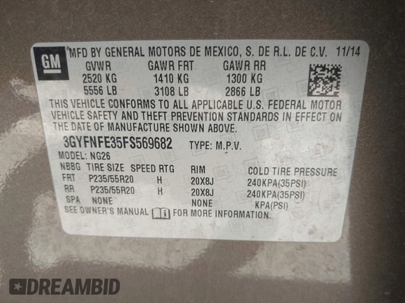 2015 Cadillac SRX Performance Collection with VIN 3GYFNFE35FS569682, listed as a IAAI auction lot 42322229 with 124,365 mi miles and . Bid and sale history available at DreamBid. Image 9.