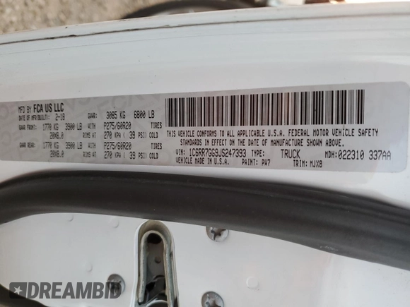 2018 Ram 1500 SLT with VIN 1C6RR7GG9JS247393, listed as a Copart auction lot 81691174 with 55,564 mi miles and Salvage title. Bid and sale history available at DreamBid. Image 12.