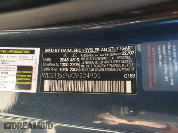 2007 Mercedes-Benz CLK 350 with VIN WDBTJ56HX7F224905, listed as a Copart auction lot 72928684 with 195,370 mi miles and Salvage Title. Bid and sale history available at DreamBid. Image 12.