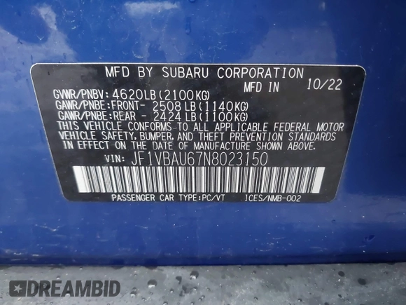2022 Subaru WRX GT с VIN JF1VBAU67N8023150, выставлен на аукционе IAAI как лот 41974620 с пробегом 24 139 миль миль и . История ставок и продаж доступна на DreamBid. Изображение 9.