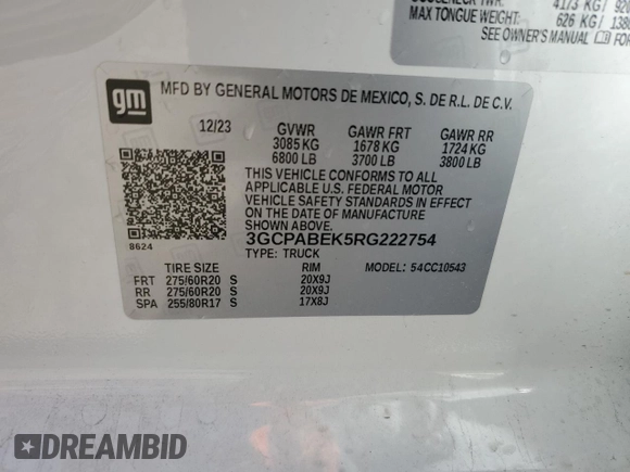 2024 Chevrolet Silverado 1500 Custom with VIN 3GCPABEK5RG222754, listed as a Copart auction lot 53932094 with 4,307 mi miles and Salvage Title. Bid and sale history available at DreamBid. Image 14.