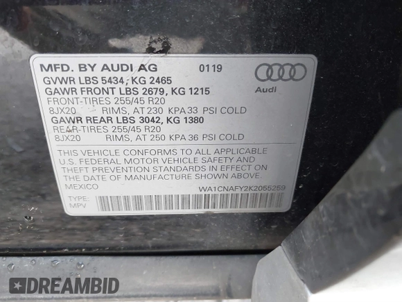 2019 Audi Q5 Prestige with VIN WA1CNAFY2K2055259, listed as a IAAI auction lot 41761227 with 48,983 mi miles. Bid and sale history available at carsss.com. Image 9.